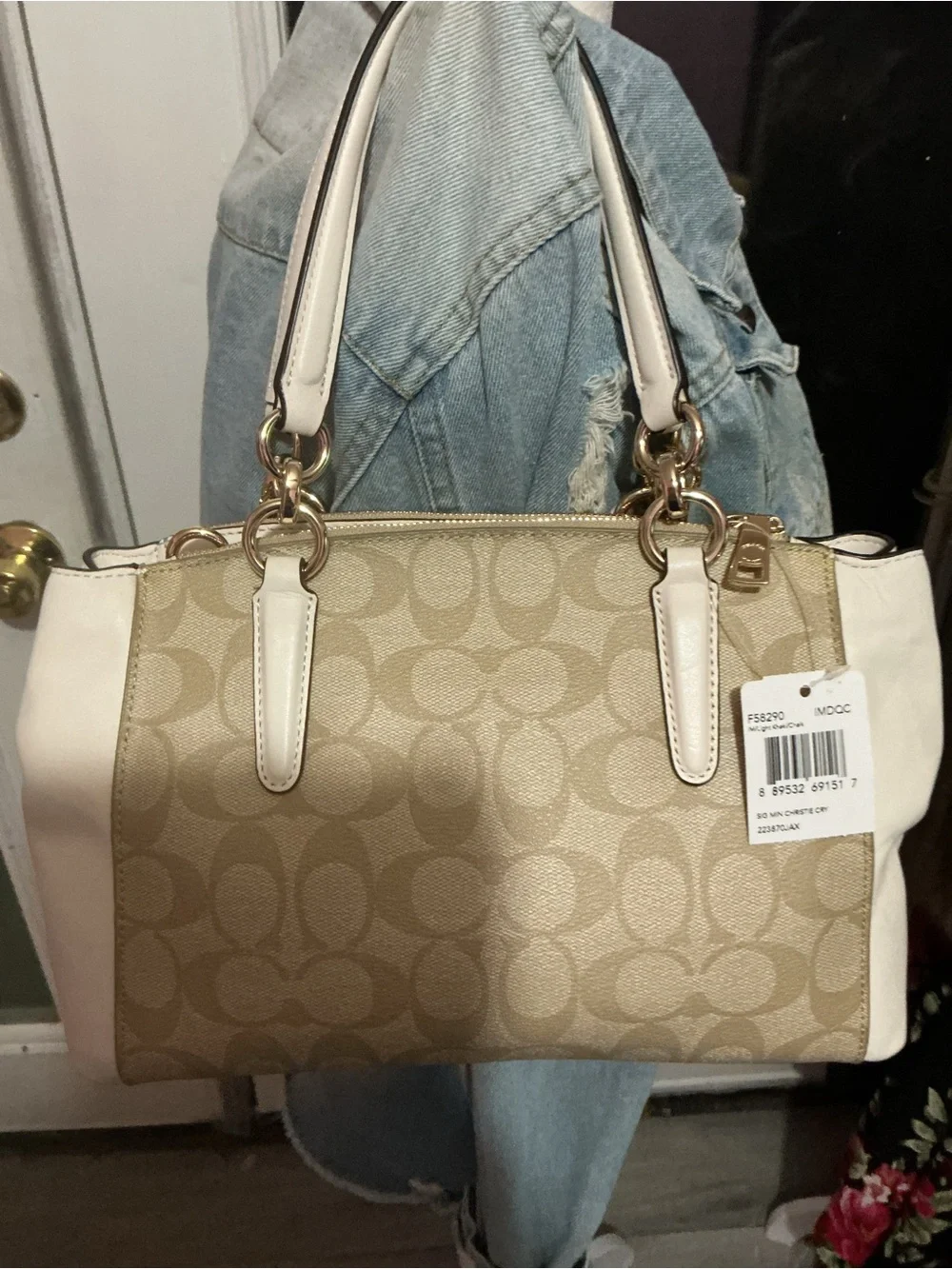 Coach Beige Signature Satchel with White Trim and Pink Accents